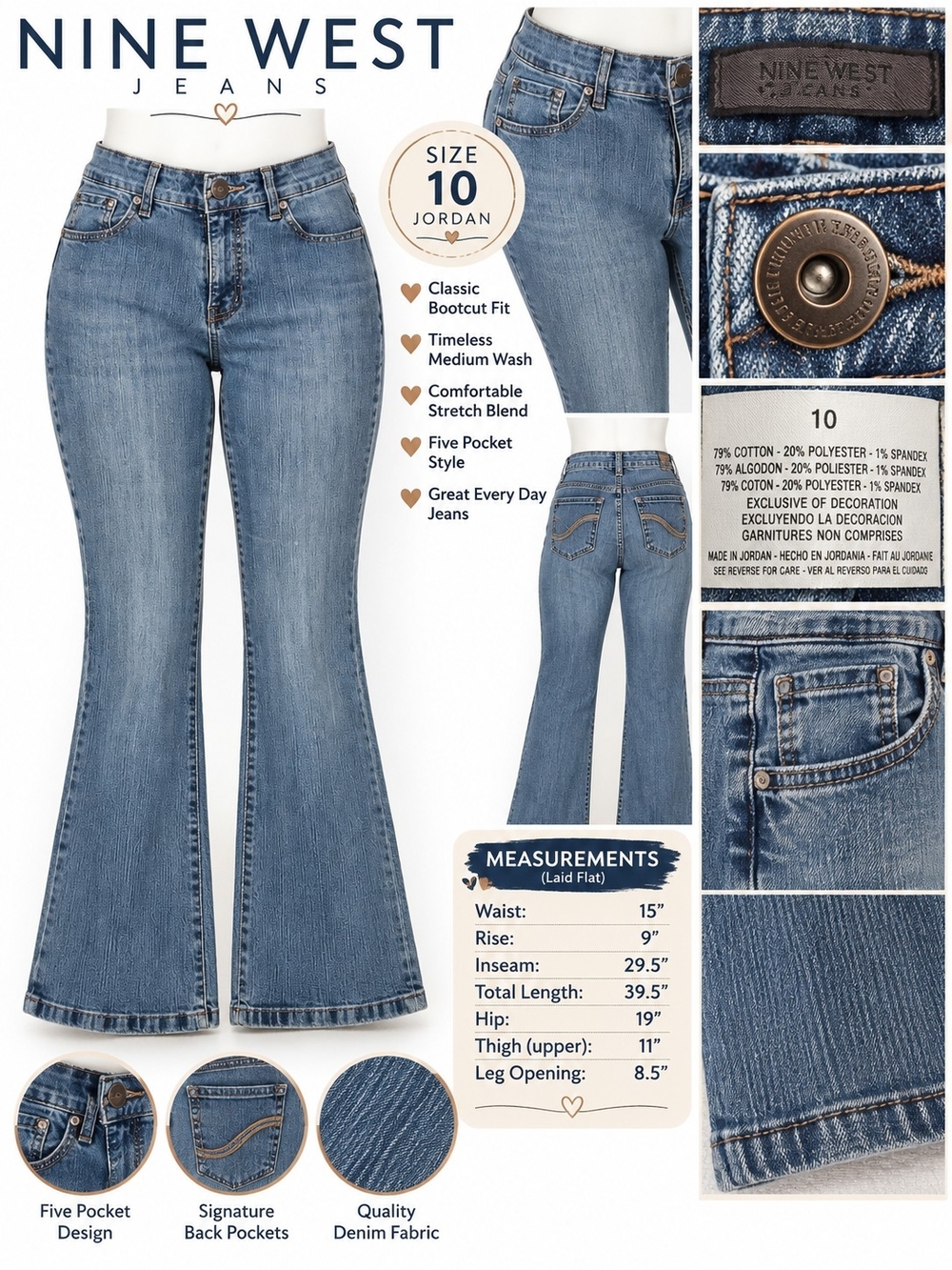 Nine West Classic Bootcut Women Jeans - Medium Blue, Size 10